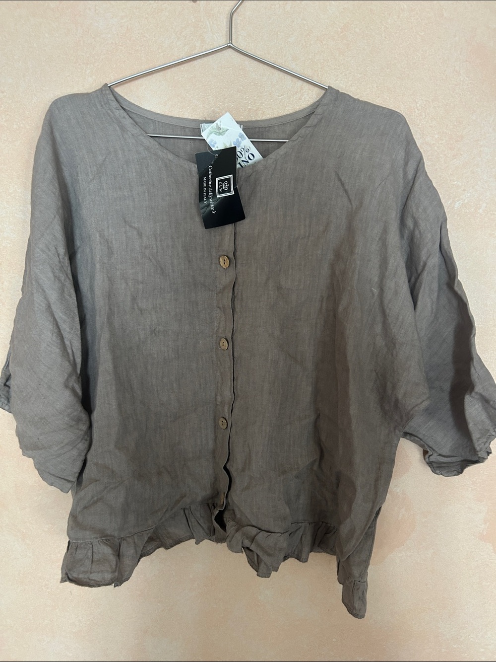 Catherine Lily whites Linen Button-Front Top Taupe elbow length sleeve One size